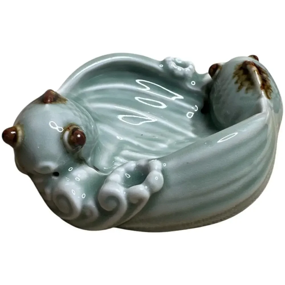 Chinese Craftsmen Art Deco Modern Sage Brown Trinket Dish Koi Carp Fishes